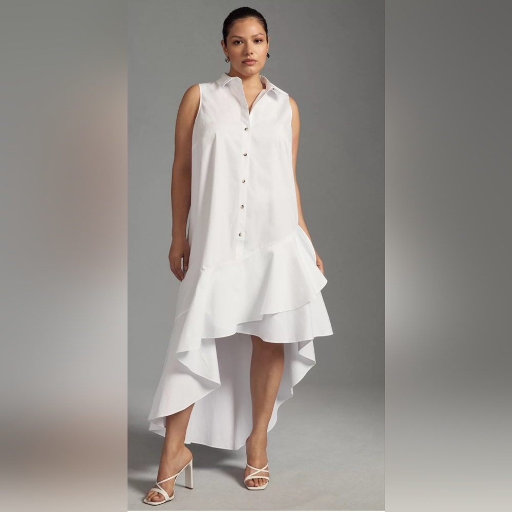 Sleeveless Buttondown Asymmetrical Ruffle-Hem Dress